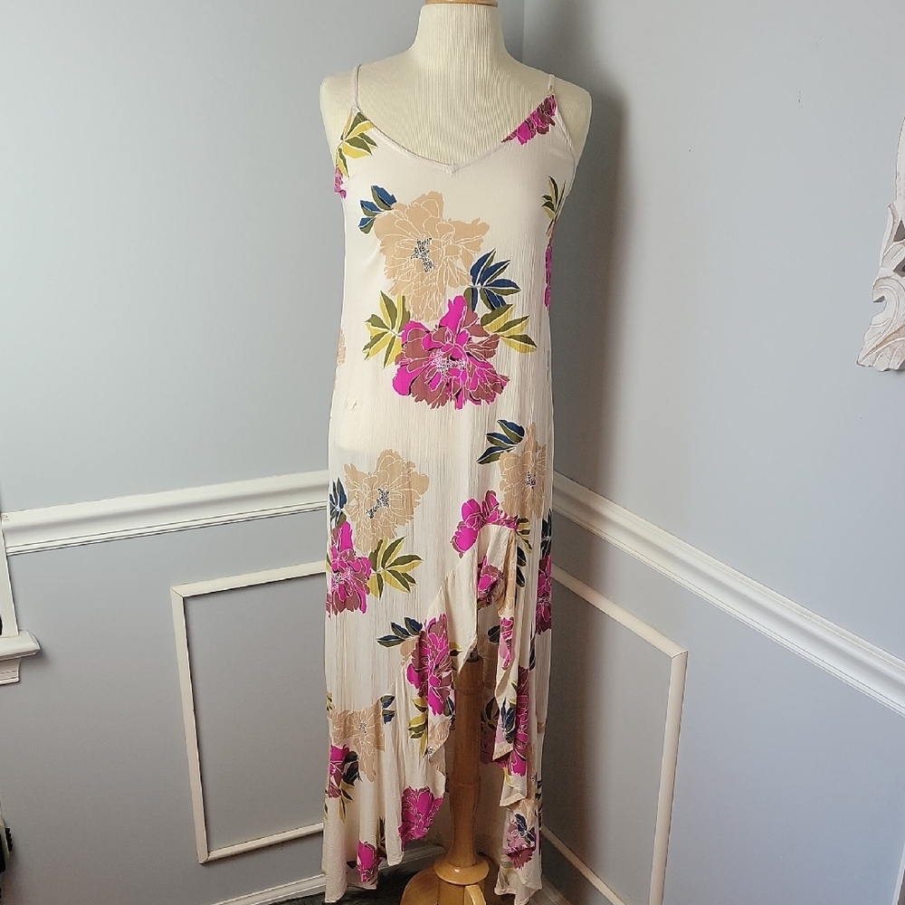 BILLABONG Ruffle Hi Low Hem Cream Floral Tropical Summer Sleeveless Dress S READ